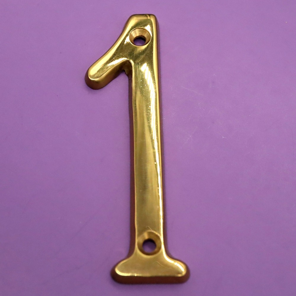Number 1 One Polished Brass 4" House Number w/Hardware Wall Mount Post Address